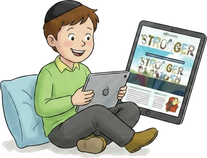 A boy reading STRONGER Magazine on a tablet
